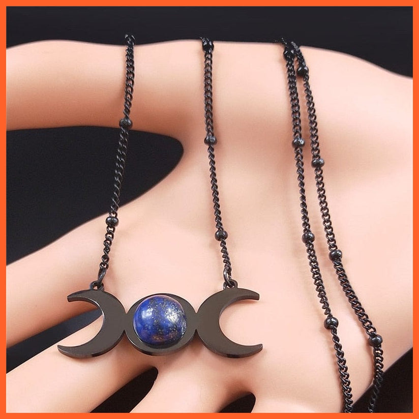 whatagift.uk Lapis Lazuli Opal Tiger eye Stainless Steel Triple Moon Necklace