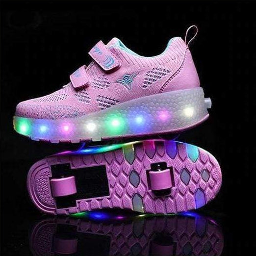 Pink Led Roller Shoes With Two Wheels And Stripes | Usb Charging Led Roller Shoes | whatagift.com.au.