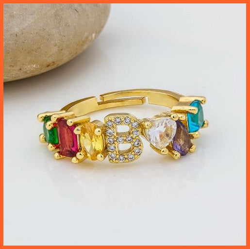 Bohemian Copper Zircon Rainbow Adjustable A-Z Initial Letter Ring  For Women | whatagift.com.au.