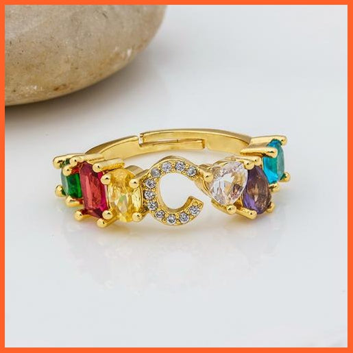 Bohemian Copper Zircon Rainbow Adjustable A-Z Initial Letter Ring  For Women | whatagift.com.au.