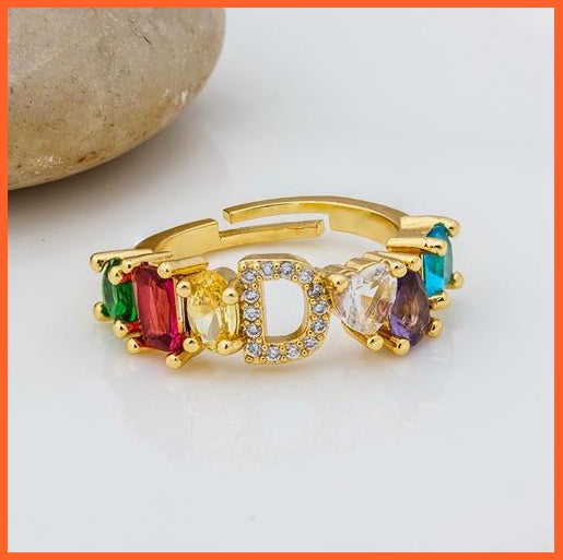 Bohemian Copper Zircon Rainbow Adjustable A-Z Initial Letter Ring  For Women | whatagift.com.au.