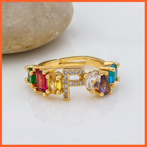 Bohemian Copper Zircon Rainbow Adjustable A-Z Initial Letter Ring  For Women | whatagift.com.au.