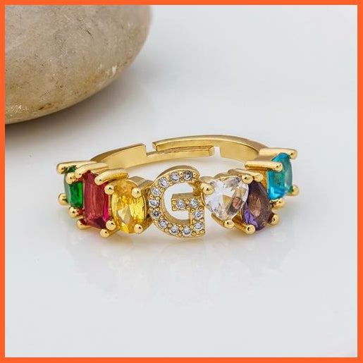 Bohemian Copper Zircon Rainbow Adjustable A-Z Initial Letter Ring  For Women | whatagift.com.au.