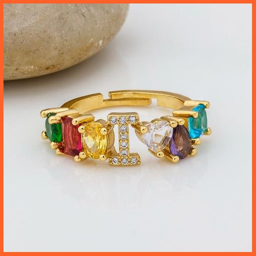 Bohemian Copper Zircon Rainbow Adjustable A-Z Initial Letter Ring  For Women | whatagift.com.au.