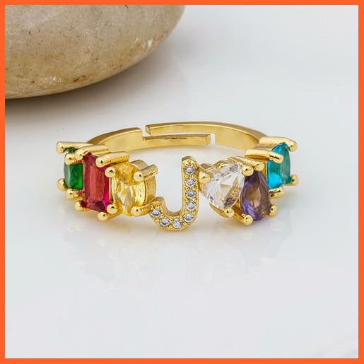 Bohemian Copper Zircon Rainbow Adjustable A-Z Initial Letter Ring  For Women | whatagift.com.au.