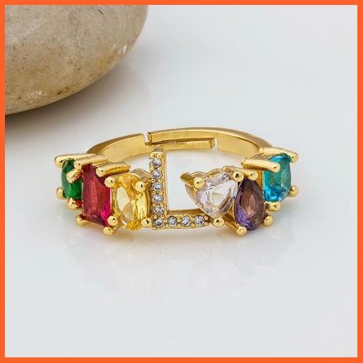 Bohemian Copper Zircon Rainbow Adjustable A-Z Initial Letter Ring  For Women | whatagift.com.au.