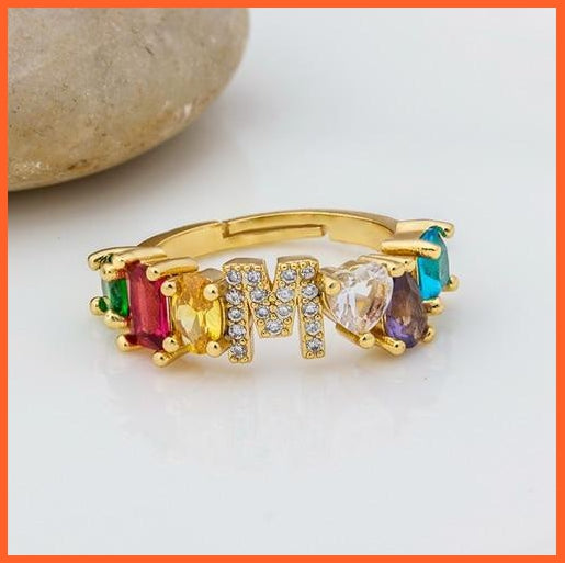 Bohemian Copper Zircon Rainbow Adjustable A-Z Initial Letter Ring  For Women | whatagift.com.au.