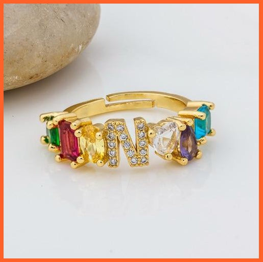 Bohemian Copper Zircon Rainbow Adjustable A-Z Initial Letter Ring  For Women | whatagift.com.au.