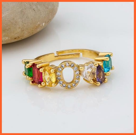 Bohemian Copper Zircon Rainbow Adjustable A-Z Initial Letter Ring  For Women | whatagift.com.au.