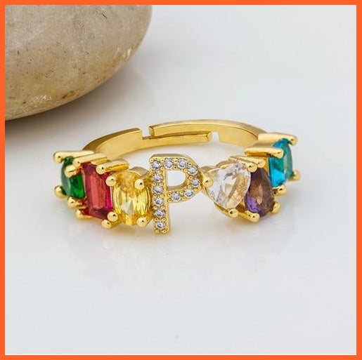 Bohemian Copper Zircon Rainbow Adjustable A-Z Initial Letter Ring  For Women | whatagift.com.au.
