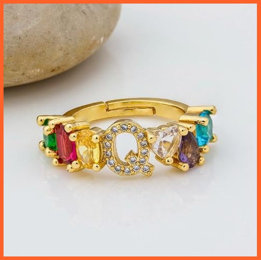 Bohemian Copper Zircon Rainbow Adjustable A-Z Initial Letter Ring  For Women | whatagift.com.au.