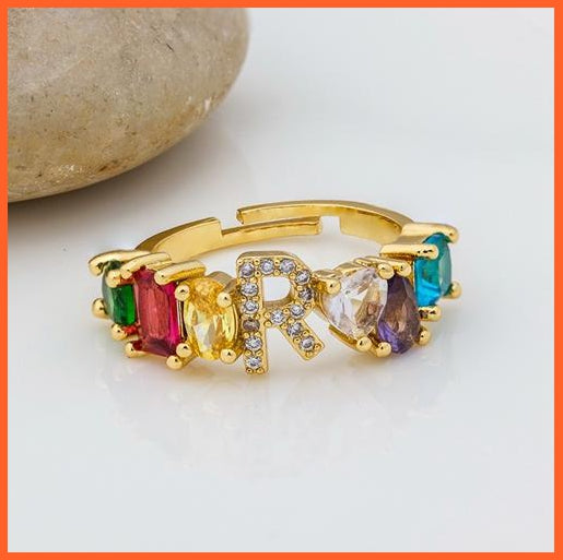 Bohemian Copper Zircon Rainbow Adjustable A-Z Initial Letter Ring  For Women | whatagift.com.au.