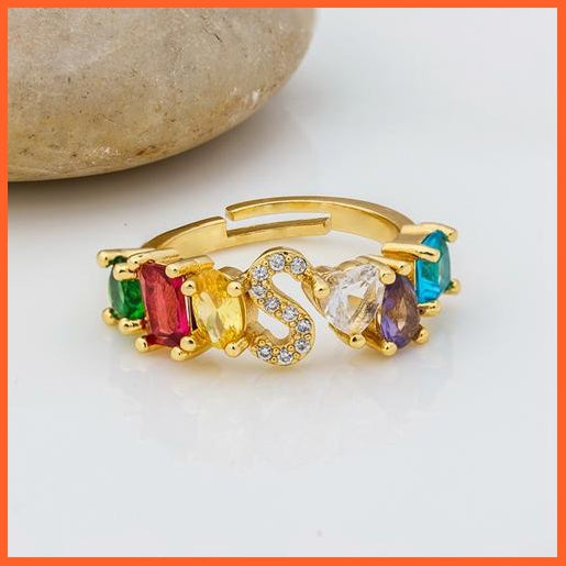Bohemian Copper Zircon Rainbow Adjustable A-Z Initial Letter Ring  For Women | whatagift.com.au.