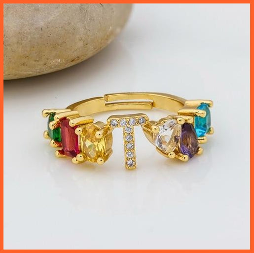 Bohemian Copper Zircon Rainbow Adjustable A-Z Initial Letter Ring  For Women | whatagift.com.au.