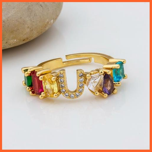 Bohemian Copper Zircon Rainbow Adjustable A-Z Initial Letter Ring  For Women | whatagift.com.au.