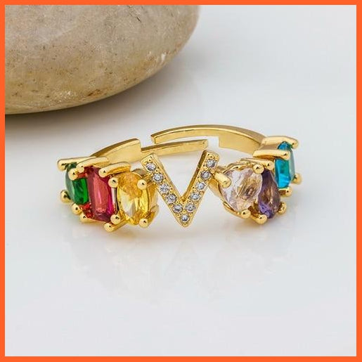Bohemian Copper Zircon Rainbow Adjustable A-Z Initial Letter Ring  For Women | whatagift.com.au.