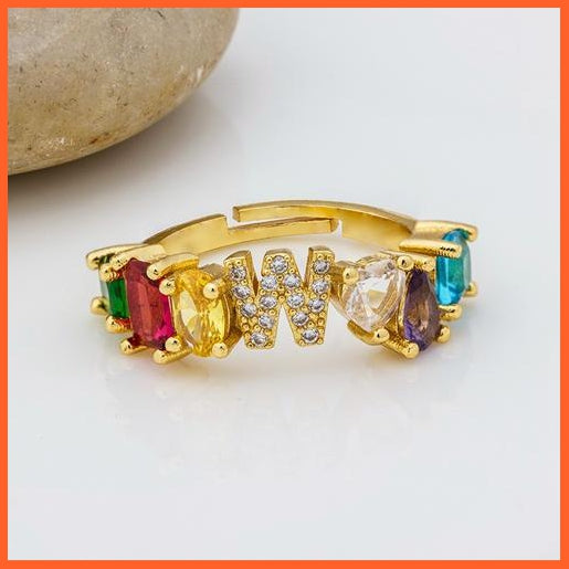 Bohemian Copper Zircon Rainbow Adjustable A-Z Initial Letter Ring  For Women | whatagift.com.au.
