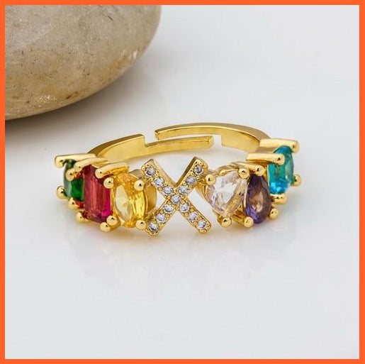 Bohemian Copper Zircon Rainbow Adjustable A-Z Initial Letter Ring  For Women | whatagift.com.au.