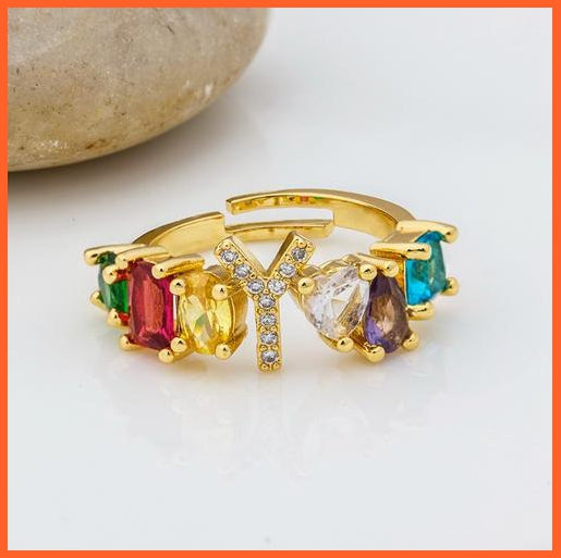 Bohemian Copper Zircon Rainbow Adjustable A-Z Initial Letter Ring  For Women | whatagift.com.au.