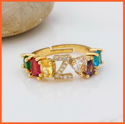 Bohemian Copper Zircon Rainbow Adjustable A-Z Initial Letter Ring  For Women | whatagift.com.au.