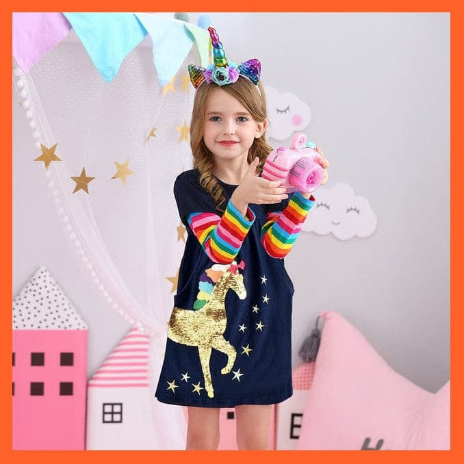 whatagift.com.au LH5806 / 3T Unicorn Rainbow Long Sleeve Children Dress For Girls