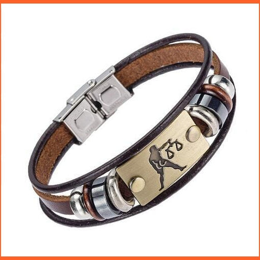 whatagift.com.au Libra Unisex Stainless Steel 12 Zodiac Signs Genuine Leather Bracelet