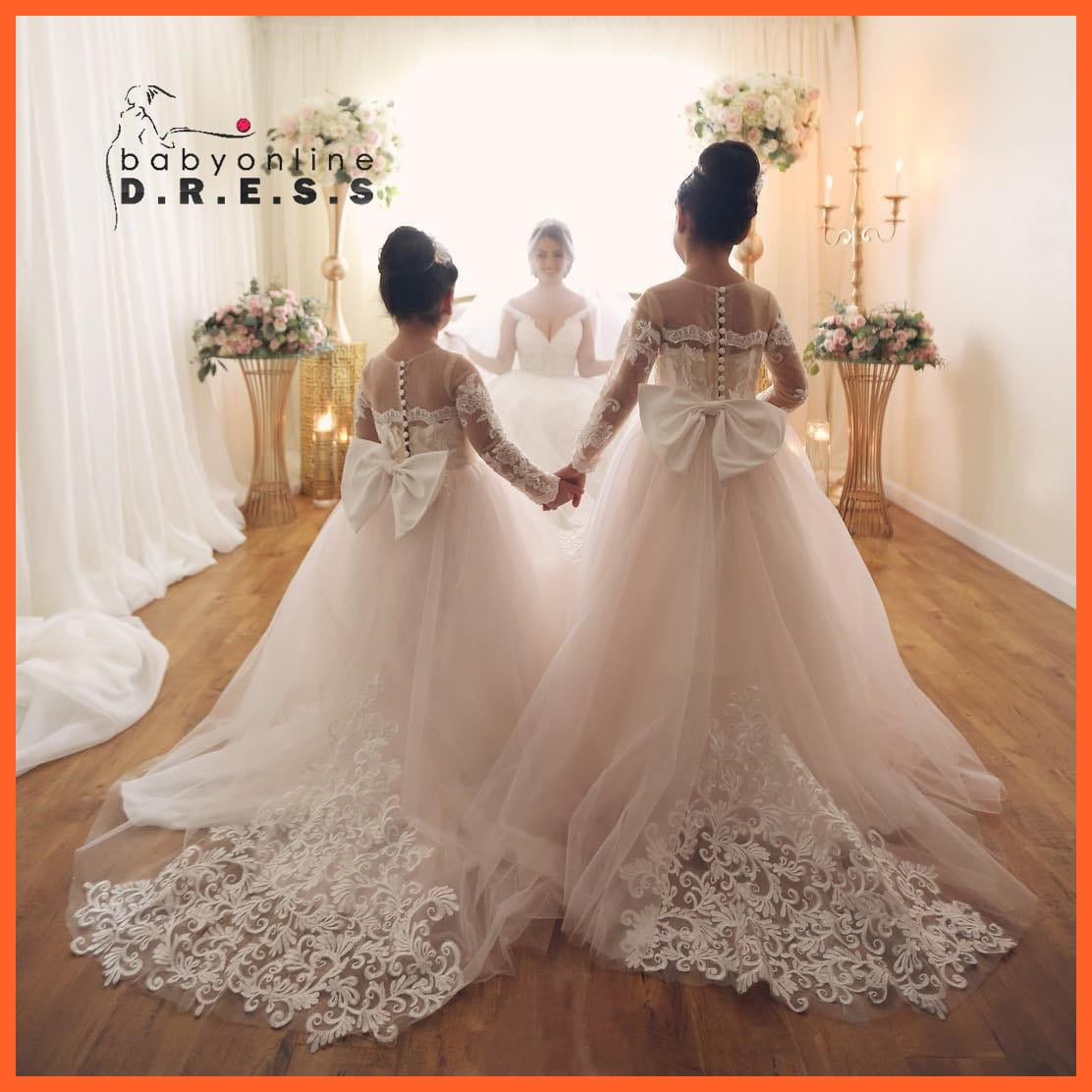 whatagift.com.au Long Sleeve White Ivory Flower V Neck Girl Dresses for Wedding Kids Bridesmaid