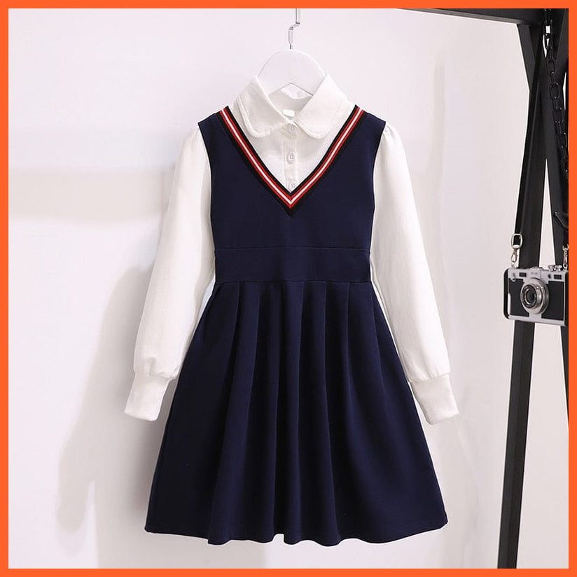 whatagift.com.au Longsleeve-Navy / 4T Girls School Style Autumn Dresses | Cotton Long Sleeve Elastic Clothes Kids Fake Two Patchwork Costume