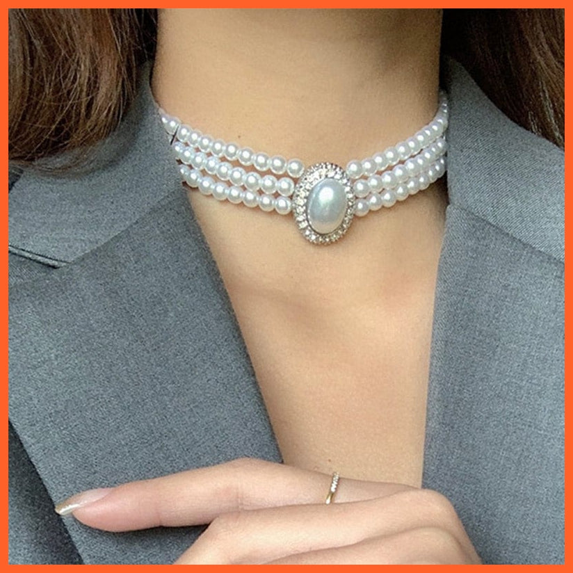 whatagift.com.au Luxury Baroque Three Layer Pearl Collar Choker | Vintage Big Olva Rhinestone Clavicle Necklaces