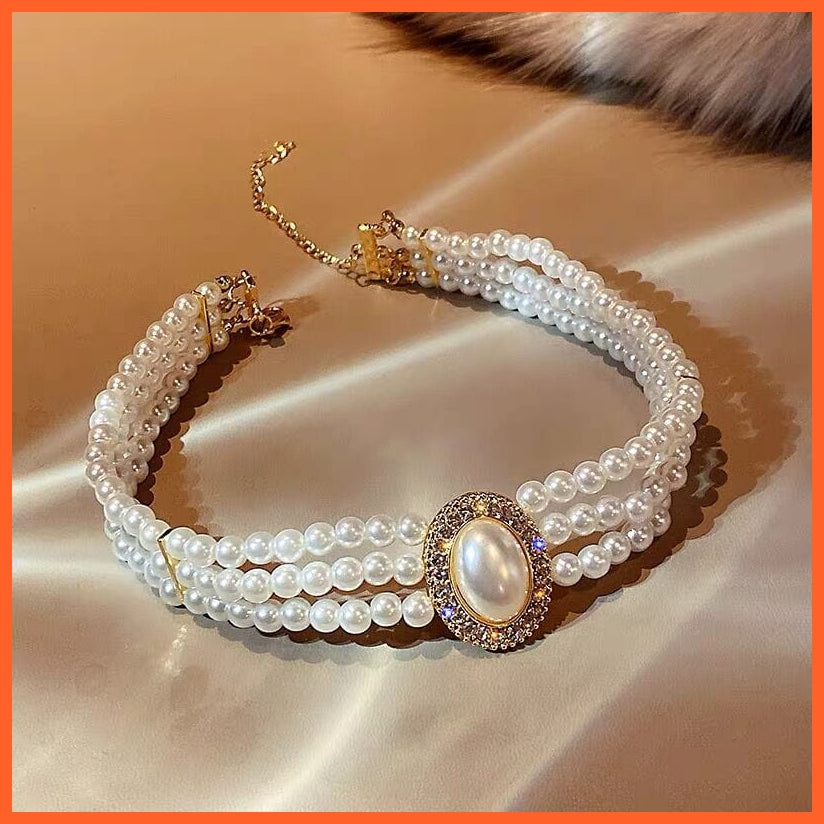 whatagift.com.au Luxury Baroque Three Layer Pearl Collar Choker | Vintage Big Olva Rhinestone Clavicle Necklaces