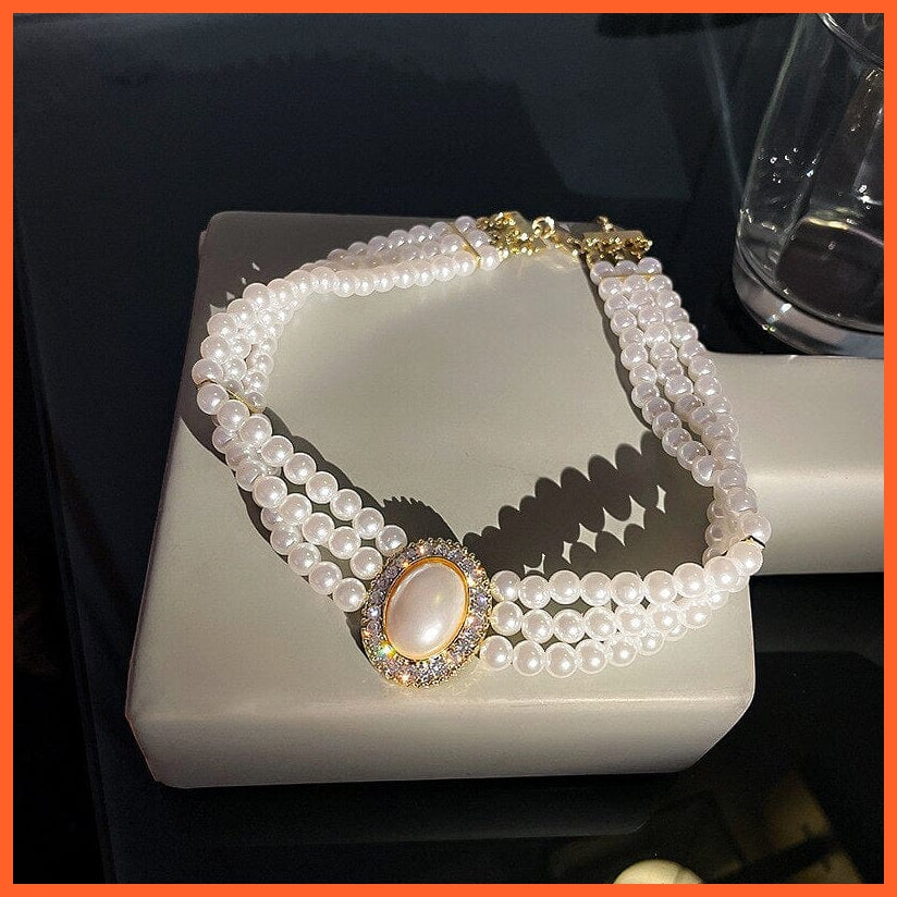 whatagift.com.au Luxury Baroque Three Layer Pearl Collar Choker | Vintage Big Olva Rhinestone Clavicle Necklaces