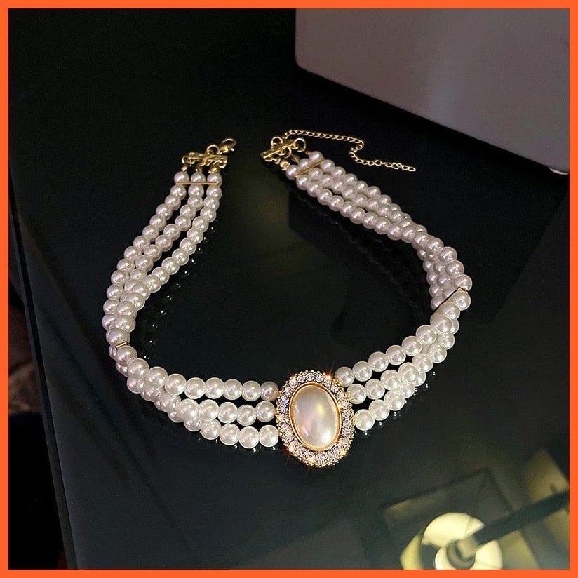 whatagift.com.au Luxury Baroque Three Layer Pearl Collar Choker | Vintage Big Olva Rhinestone Clavicle Necklaces