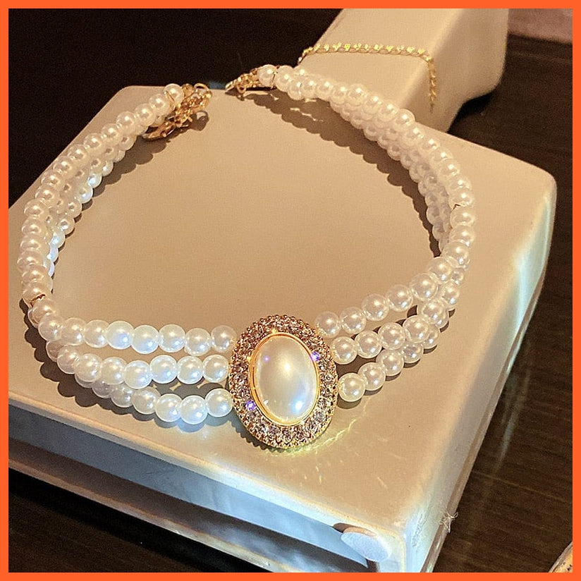 whatagift.com.au Luxury Baroque Three Layer Pearl Collar Choker | Vintage Big Olva Rhinestone Clavicle Necklaces