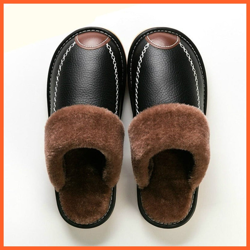 whatagift.com.au Men Winter Leather Slippers Cotton Slippers | Waterproof Thick Plus Velvet Indoor Warm Slippers