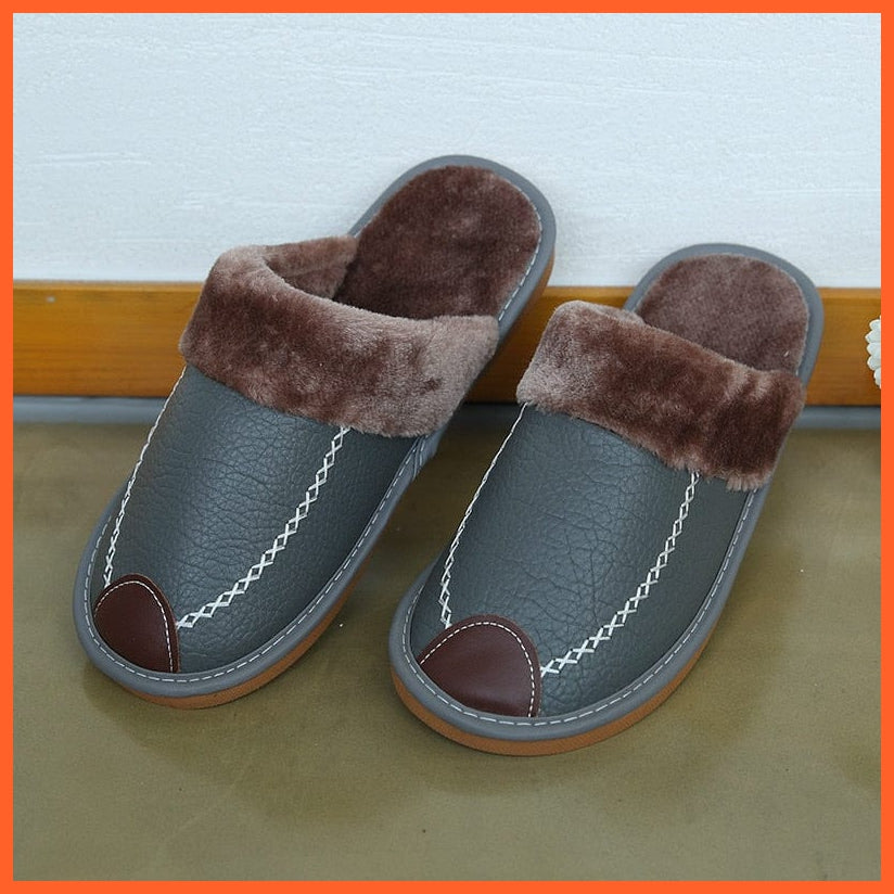 whatagift.com.au Men Winter Leather Slippers Cotton Slippers | Waterproof Thick Plus Velvet Indoor Warm Slippers