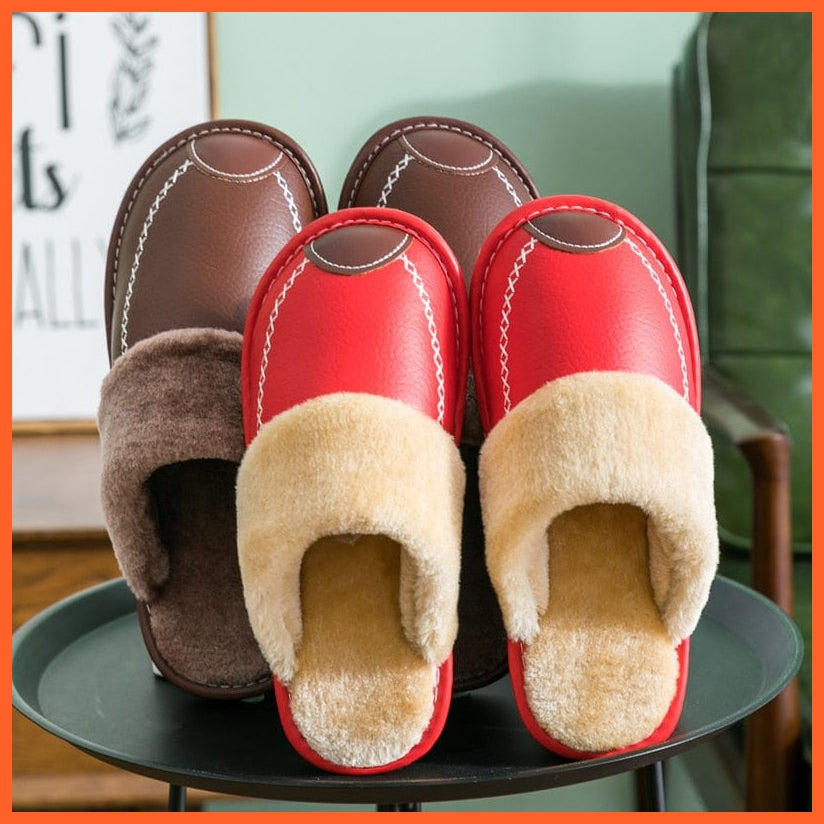 whatagift.com.au Men Winter Leather Slippers Cotton Slippers | Waterproof Thick Plus Velvet Indoor Warm Slippers