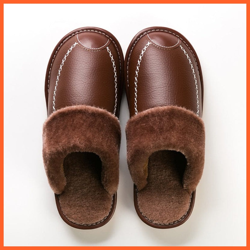whatagift.com.au Men Winter Leather Slippers Cotton Slippers | Waterproof Thick Plus Velvet Indoor Warm Slippers