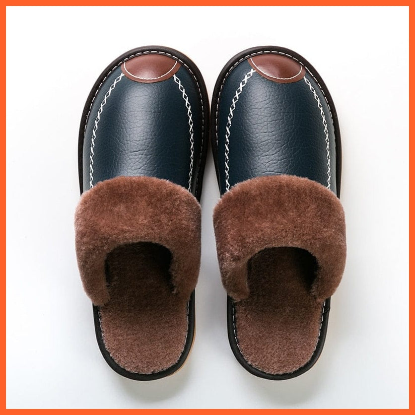 whatagift.com.au Men Winter Leather Slippers Cotton Slippers | Waterproof Thick Plus Velvet Indoor Warm Slippers