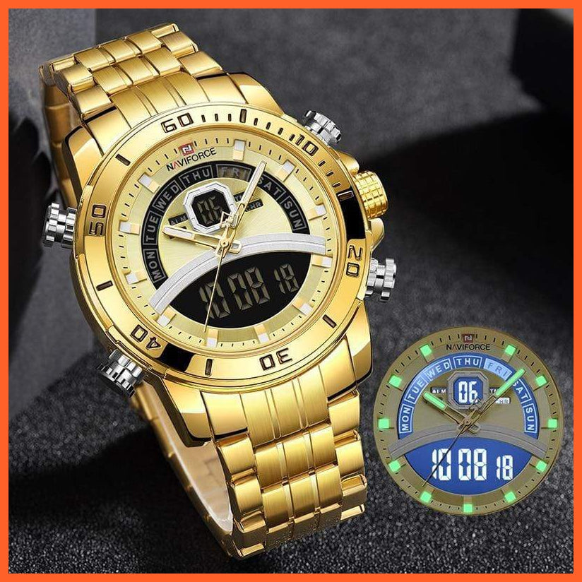 Luxury Gold Watch Men Sport Digital Chronograph Watches Male Steel Band Waterproof Quartz Wristwatch | whatagift.com.au.