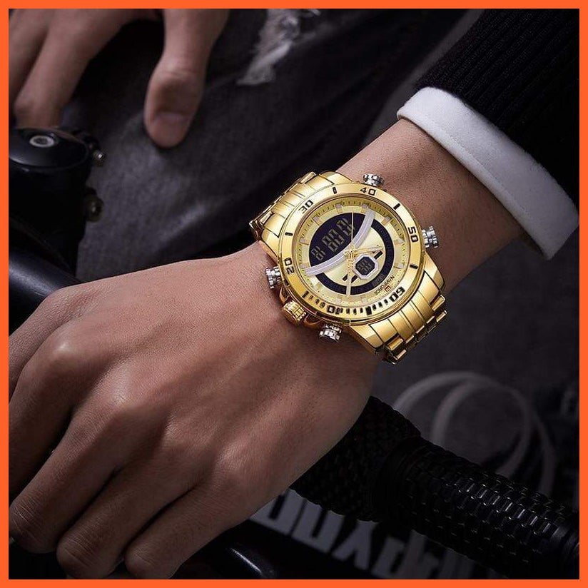 Luxury Gold Watch Men Sport Digital Chronograph Watches Male Steel Band Waterproof Quartz Wristwatch | whatagift.com.au.