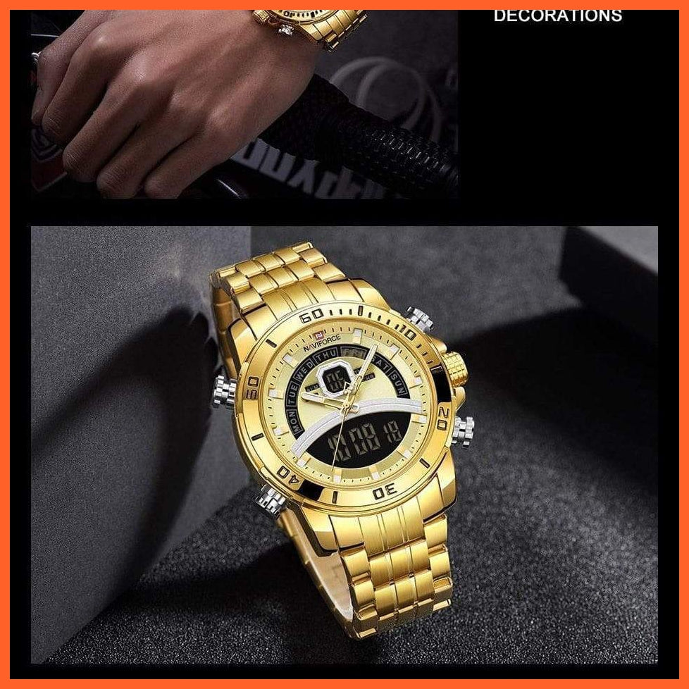 Luxury Gold Watch Men Sport Digital Chronograph Watches Male Steel Band Waterproof Quartz Wristwatch | whatagift.com.au.