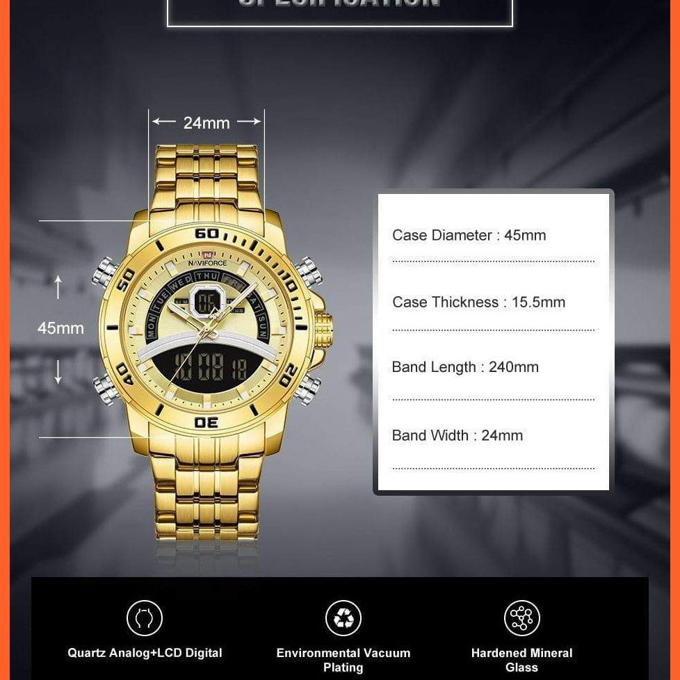 Mens Luxury Gold Business Digital  Military Sports Quartz Steel Band Waterproof Wristwatches | whatagift.com.au.