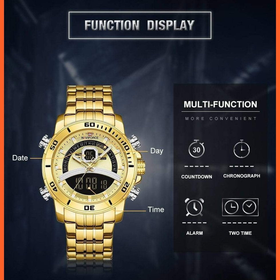 Mens Luxury Gold Business Digital  Military Sports Quartz Steel Band Waterproof Wristwatches | whatagift.com.au.