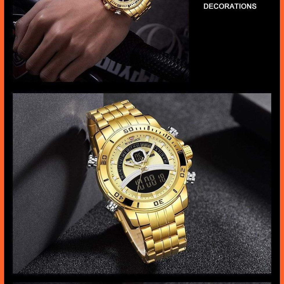 Mens Luxury Gold Business Digital  Military Sports Quartz Steel Band Waterproof Wristwatches | whatagift.com.au.