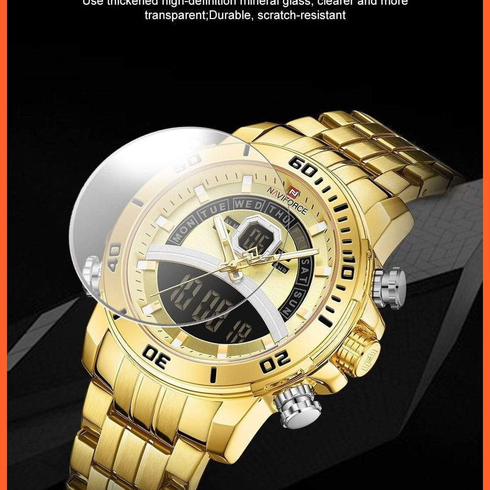 Mens Luxury Gold Business Digital  Military Sports Quartz Steel Band Waterproof Wristwatches | whatagift.com.au.
