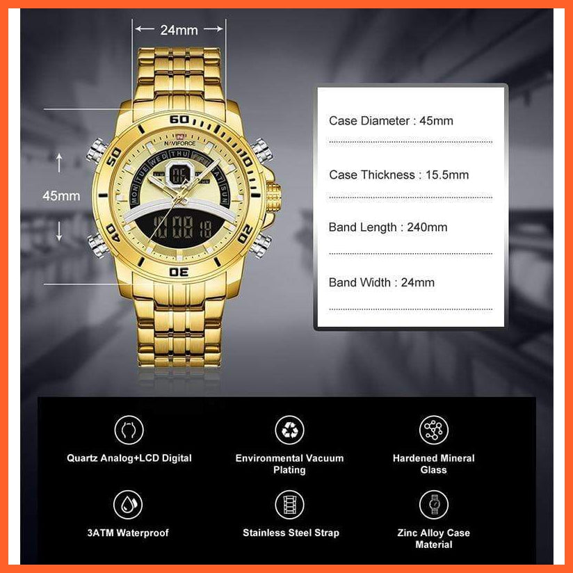 Mens Luxury Gold Business Digital  Military Sports Quartz Steel Band Waterproof Wristwatches | whatagift.com.au.