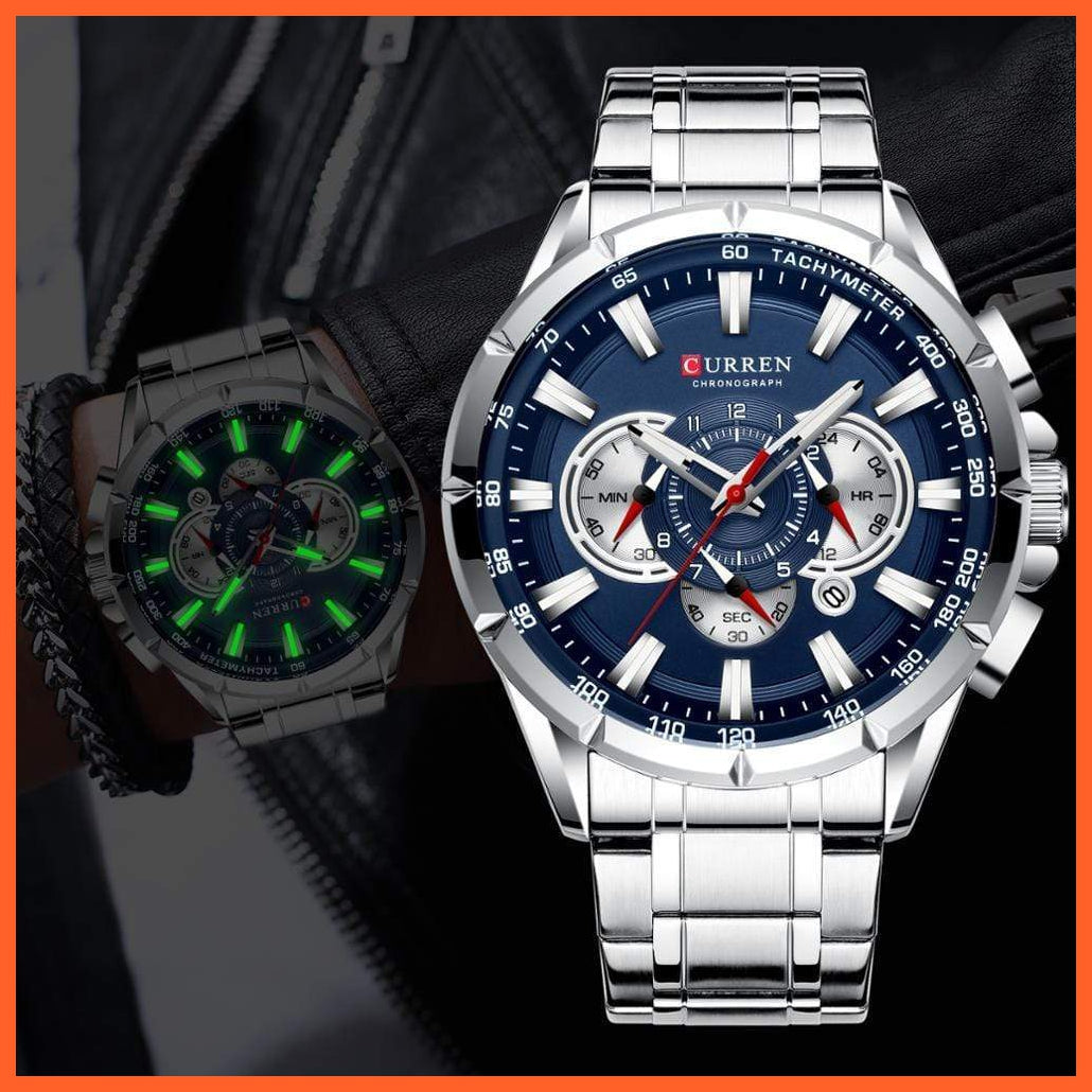 Mens Watches Top Luxury Brand Sport Watch | Blue Chronograph Quartz Man Wristwatches Stainless Steel Wristwatch | whatagift.com.au.