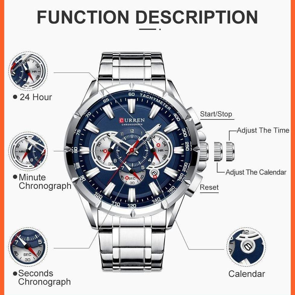 Mens Watches Top Luxury Brand Sport Watch | Blue Chronograph Quartz Man Wristwatches Stainless Steel Wristwatch | whatagift.com.au.