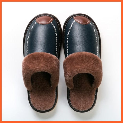 whatagift.com.au Navy / 6.5 Men Winter Leather Slippers Cotton Slippers | Waterproof Thick Plus Velvet Indoor Warm Slippers