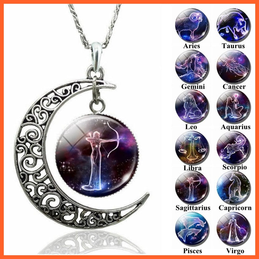 12 Constellation Zodiac Sign In Cabochon Glass With Crescent Moon Necklace | whatagift.com.au.